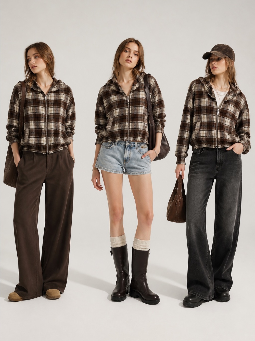 POL Women’s L Brown Plaid Flannel Zip-Front Bomber Fray Trim Hooded Jacket